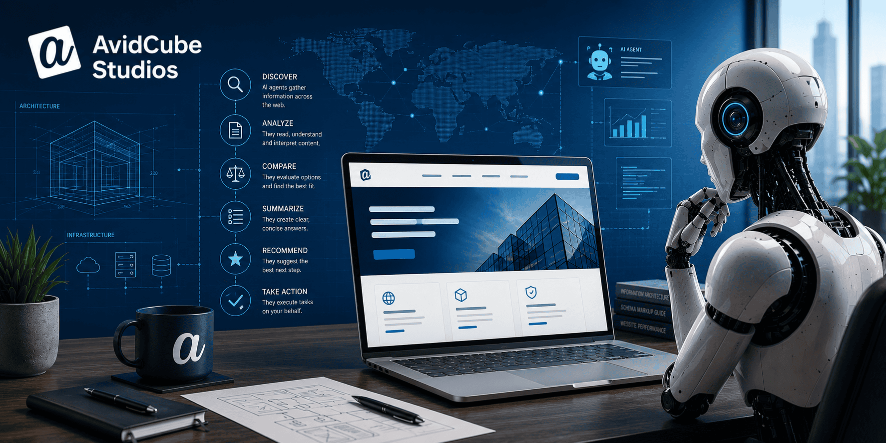 AI assistant analyzing a modern business website on a laptop with digital workflow overlays representing AI agents interacting with online content.